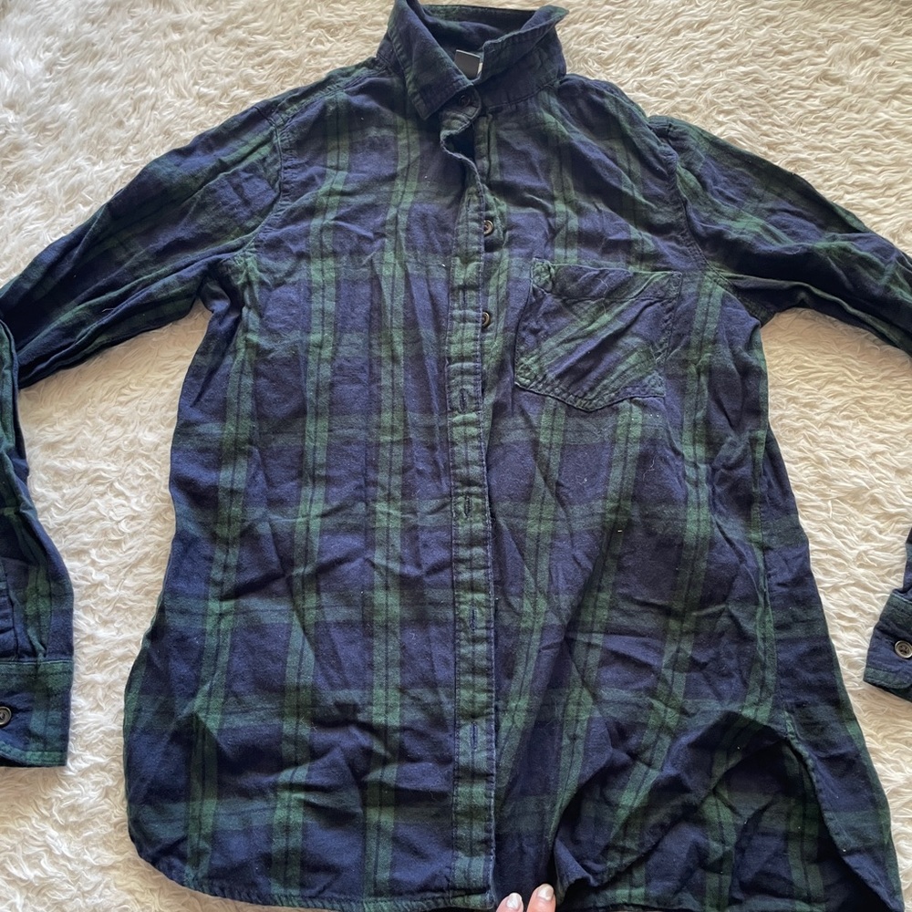 Old Navy green blue plaid shirt